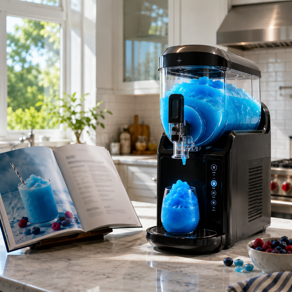 Cookbook + slushie machine in kitchen